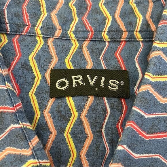 Orvis Navy-Yellow-Red Graphic Patterned Short Sleeve Button Down Shirt Size XL - Picture 2 of 7